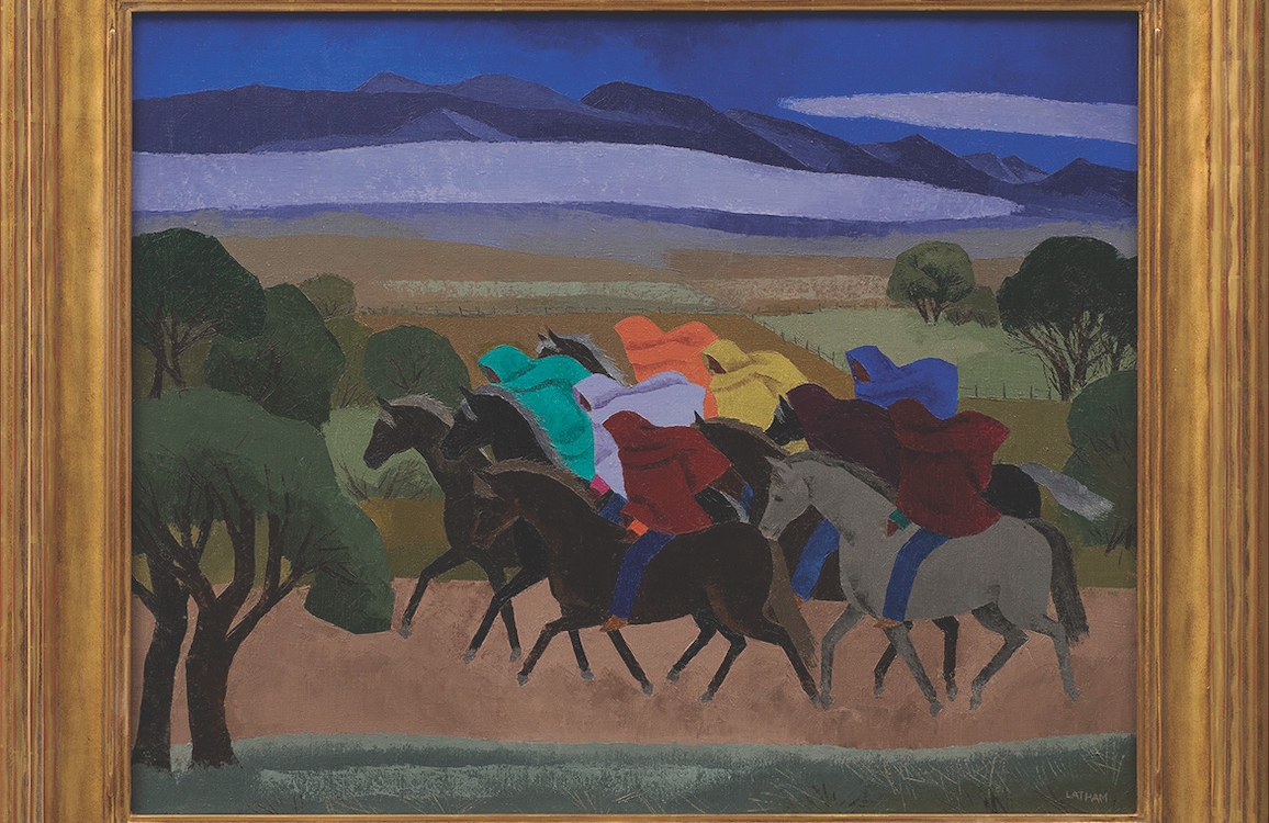 20. Barbara Latham (1896–1989) "Taos Indian Riders at Dusk," c. 1940, oil on canvas, 24 x 30 inches
